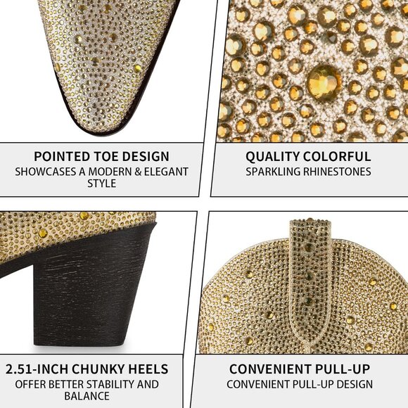 Gold Women Rhinestone Cowboy Boots Pointed Toe Mid Calf Sparkly Block Heel - Picture 3 of 4